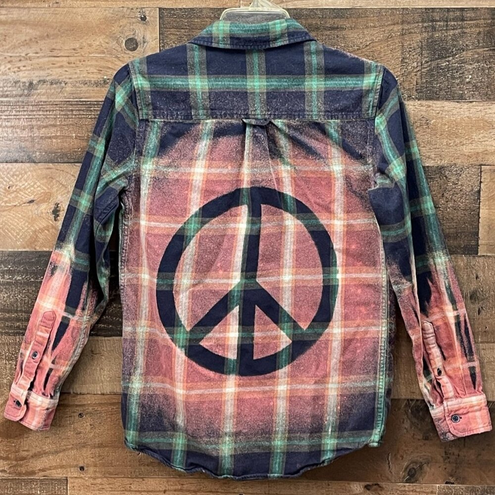 Bleached Peace Sign Flannel Shirt Navy Green Plaid Size XS